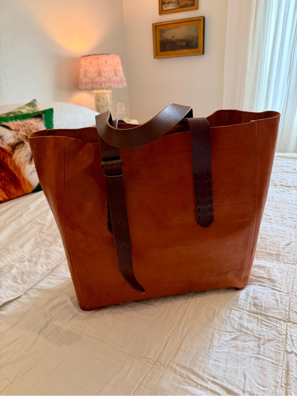 lovestitch Two-Tone Leather Tote in Cognac and Dark Brown